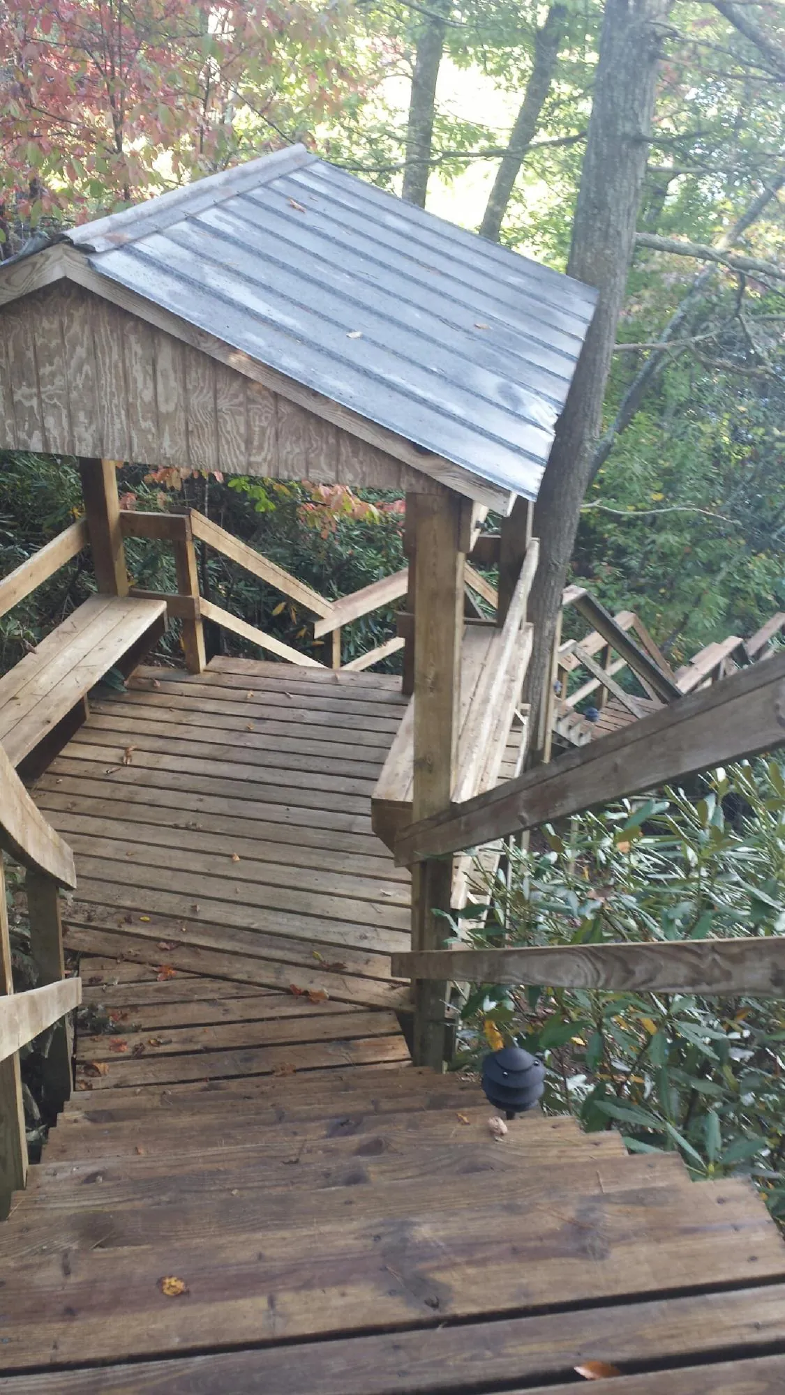 Metal roofed shelter over wooden steps on a wooded walkway — Skylight Repair & Installation work by our crew in Harbor View